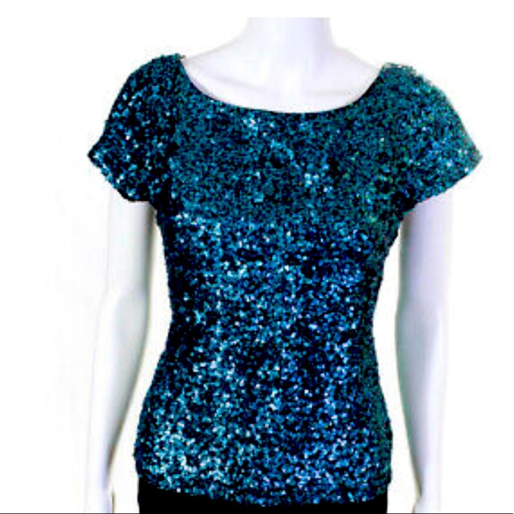 Bin 1C Alice + Olivia Womens Sequin Short Sleeve Mid Length Blouse Blue Small